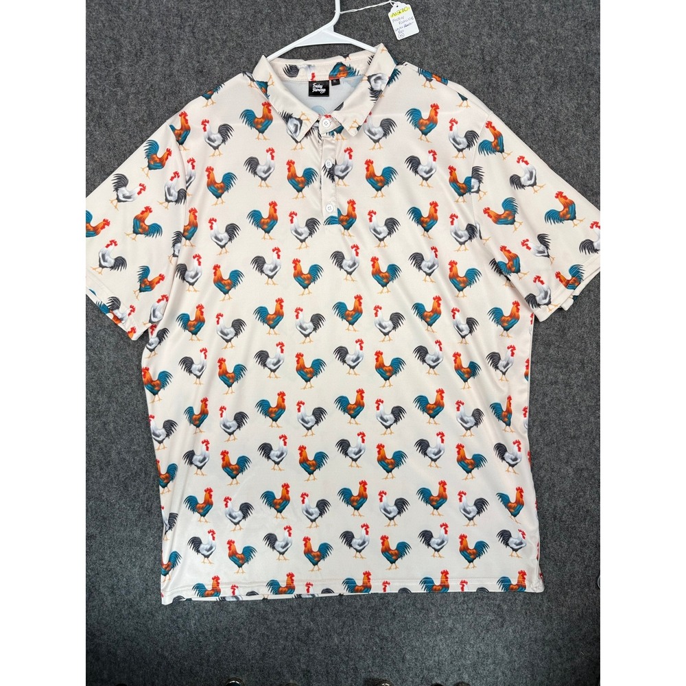 Friday Fairways Mens XL Rooster Print Golf Polo Shirt Cream Short Sleeve Novelty